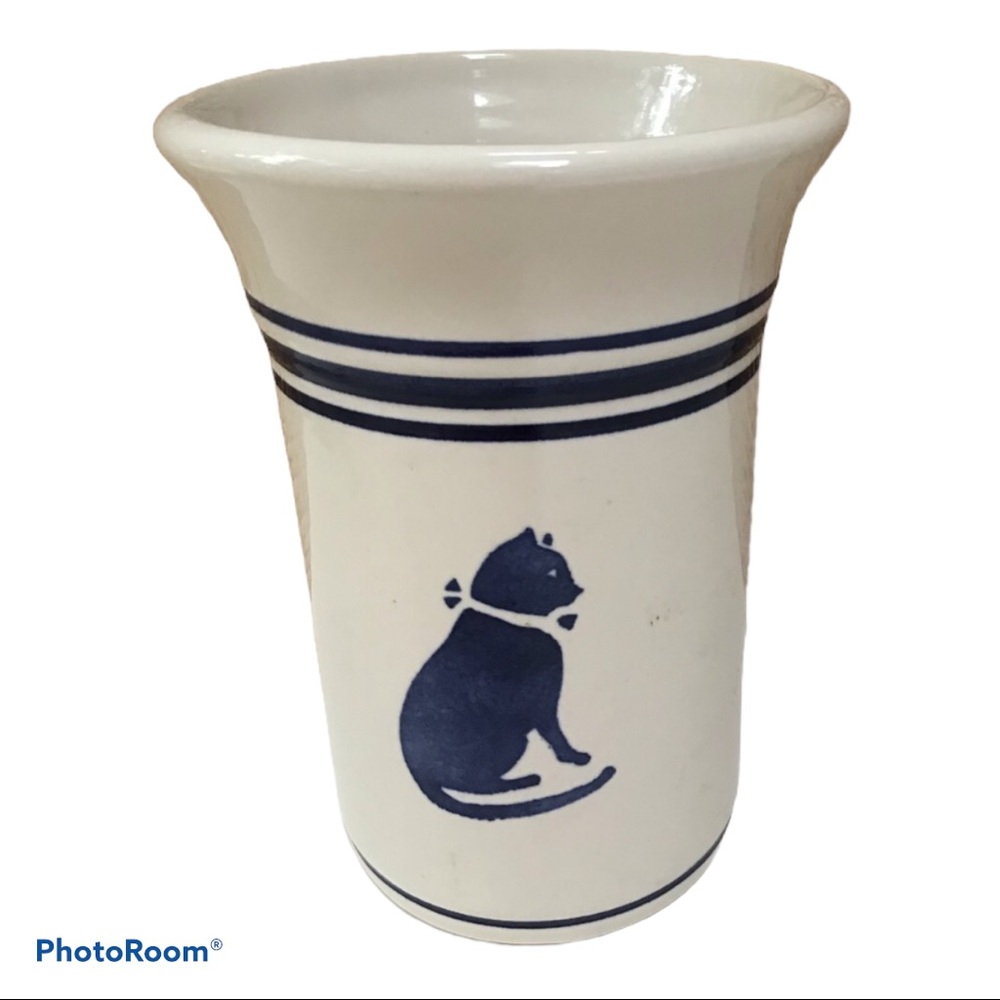 Vintage Country Fair Blue Cat Utensil Crock Vase